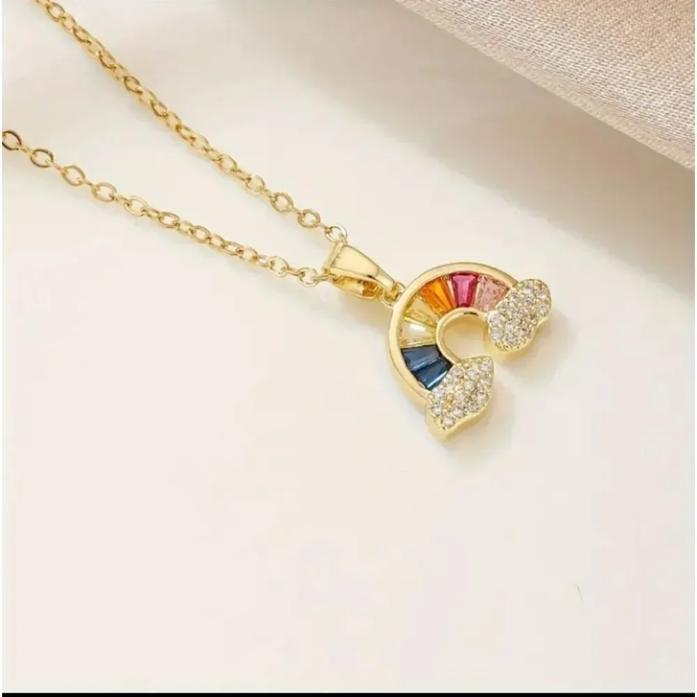 18K Gold Plates Diamond Rainbow & Clouds Necklace